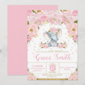 Elephant Floral Baby shower Invitation Girl Kaart (Voorkant / Achterkant)