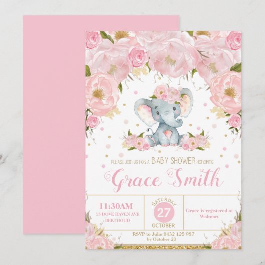 Elephant Floral Baby shower Invitation Girl Kaart (Voorkant / Achterkant)