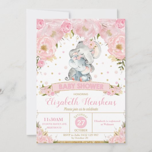 Elephant Floral Baby shower Invitation Girl Kaart (Voorkant)