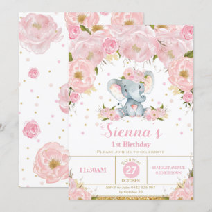 Elephant Floral Birthday Party Invitation Girl Kaart