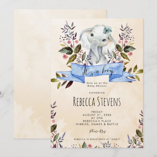 Elephant floral boy, baby shower-uitnodiging kaart (Voorkant / Achterkant)