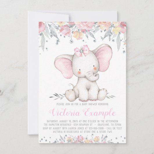Elephant Floral Diamond Girl Baby shower Kaart (Voorkant)