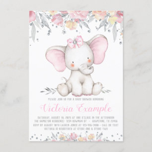 Elephant Floral Diamond Girl Baby shower Kaart