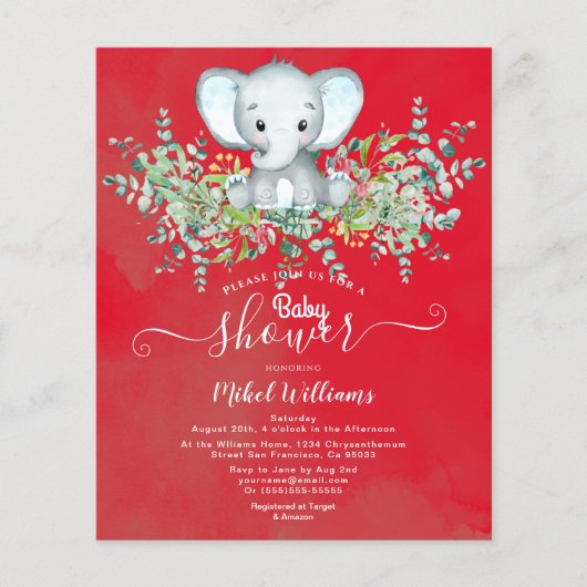 Elephant Floral Eucalyptus Baby douche Invitaties Flyer (Voorkant)