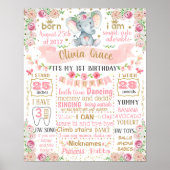 Elephant Floral First Birthday board Poster (Voorkant)