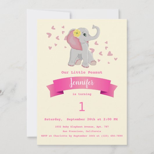 Elephant Floral First Birthday Party Kaart (Voorkant)