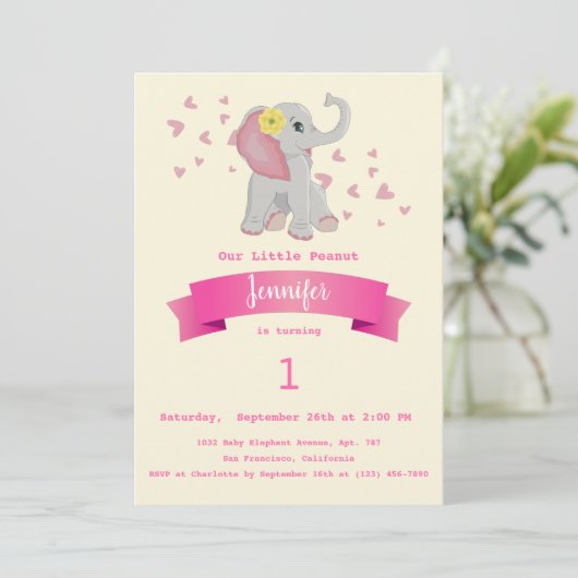 Elephant Floral First Birthday Party Kaart (Staand voorkant)