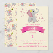 Elephant Floral First Birthday Party Kaart (Voorkant / Achterkant)