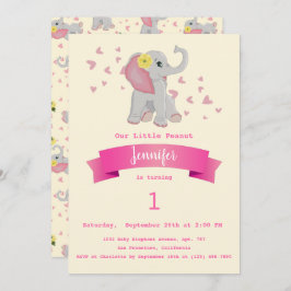 Elephant Floral First Birthday Party Kaart