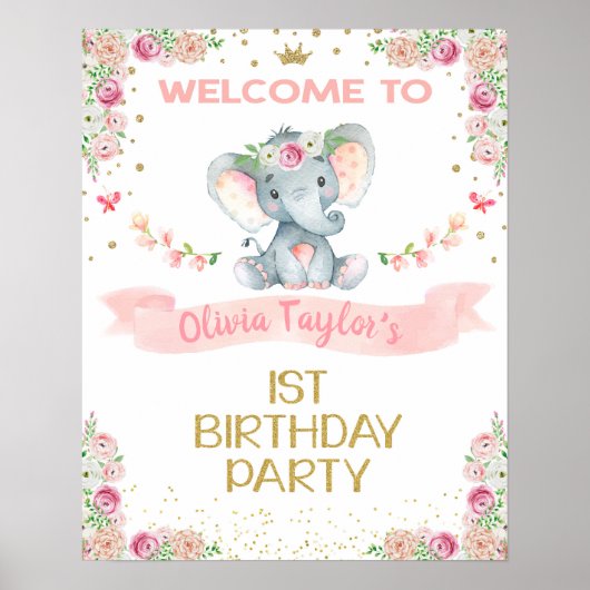 Elephant Floral First Birthday Welcome sign Poster (Voorkant)