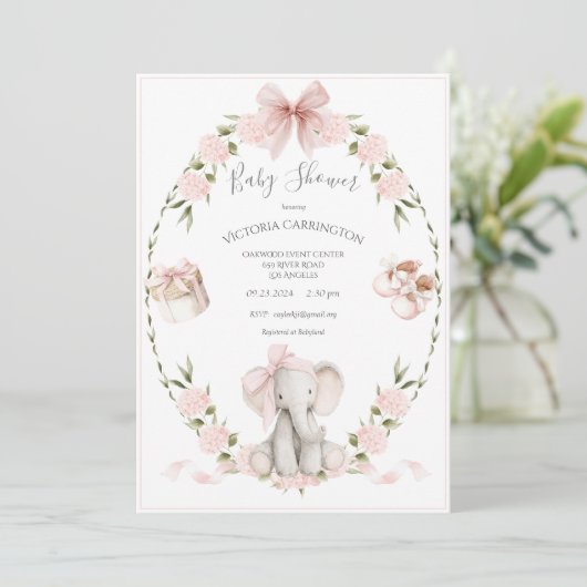 Elephant Floral Hydrangeas Pink Girl Baby Shower Kaart (Staand voorkant)