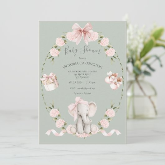 Elephant Floral Hydrangeas Sage Girl Baby Shower Kaart (Staand voorkant)