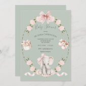 Elephant Floral Hydrangeas Sage Girl Baby Shower Kaart (Voorkant / Achterkant)