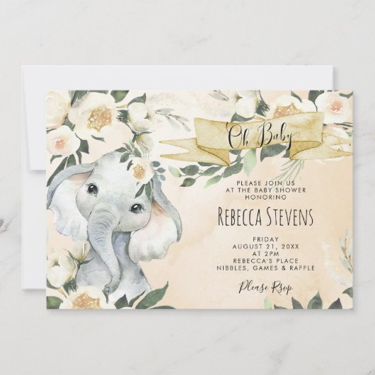 Elephant Floral Neutral baby shower Uitnodiging (Voorkant)