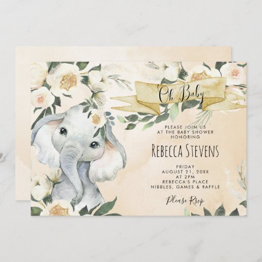 Elephant Floral Neutral baby shower Uitnodiging (Voorkant / Achterkant)