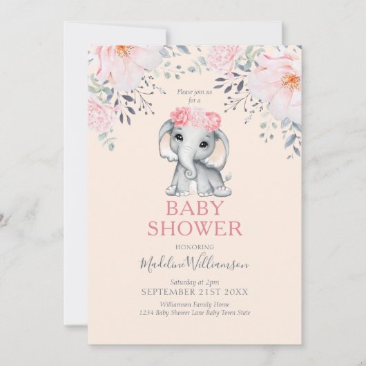 Elephant Floral Pink Girl Baby shower Kaart (Voorkant)