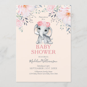 Elephant Floral Pink Girl Baby shower Kaart