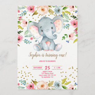 Elephant Floral Rustic Girl 1ste verjaardag Blush Kaart