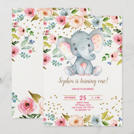 Elephant Floral Rustiek Meisje 1e Verjaardag Blush Kaart (Voorkant / Achterkant)