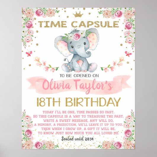 Elephant floral Time Capsule eerste verjaardag Poster (Voorkant)