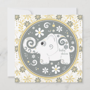 Elephant Floral Yellow Grey Baby shower Invitation Kaart