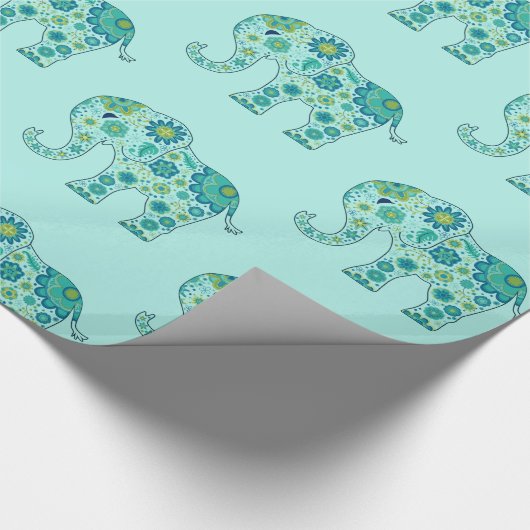 Elephant Flowers Blauwgroen Cadeaupapier (Hoek)