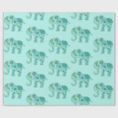 Elephant Flowers Blauwgroen Cadeaupapier (Vlak)