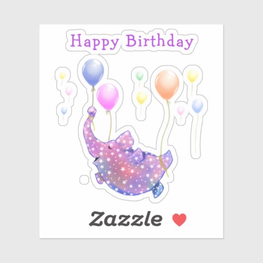 Elephant Flying Colorful Balloons Baby Birthday Sticker (Vel)