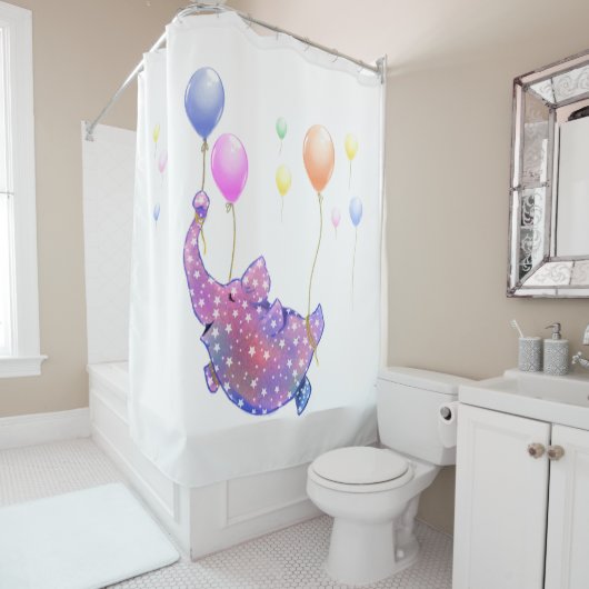Elephant Flying Shower Curtain Colorful Balloons Douchegordijn (In situ)