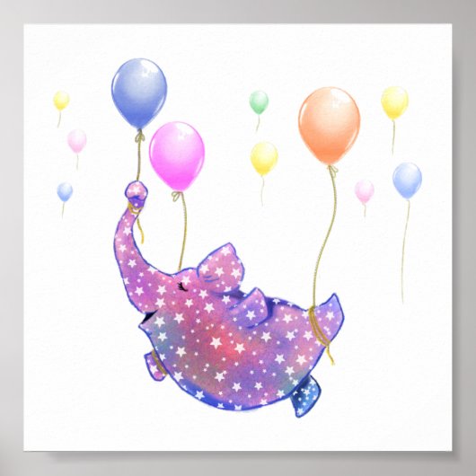 Elephant Flying with Colorful Balloons Poster (Voorkant)