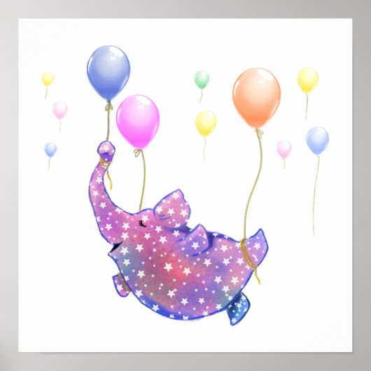 Elephant Flying with Colorful Balloons Poster (Voorkant)
