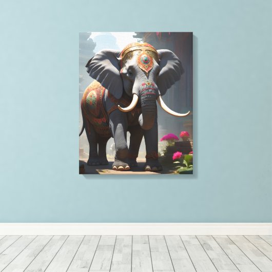 Elephant Folk Art Painting Canvas Afdruk (Insitu (Houten vloer))