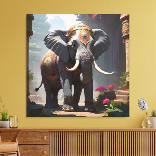 Elephant Folk Art Painting Canvas Afdruk (Insitu (Woonkamer))