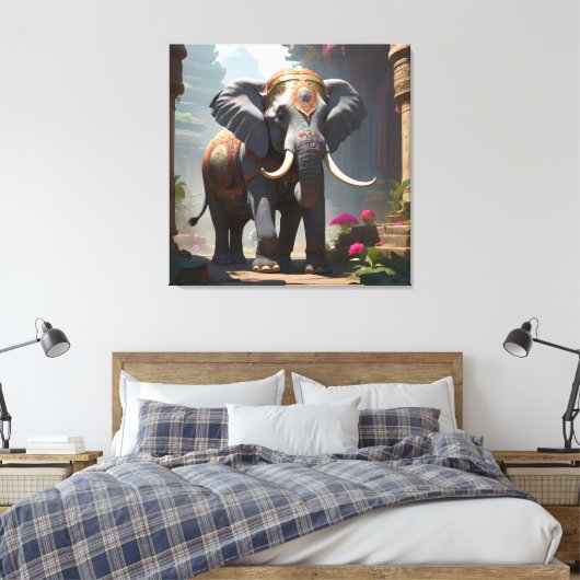 Elephant Folk Art Painting Canvas Afdruk (Insitu (Slaapkamer))