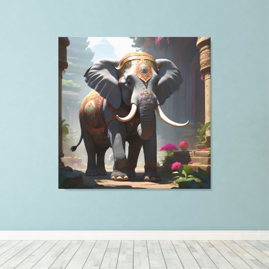 Elephant Folk Art Painting Canvas Afdruk (Insitu (Houten vloer))