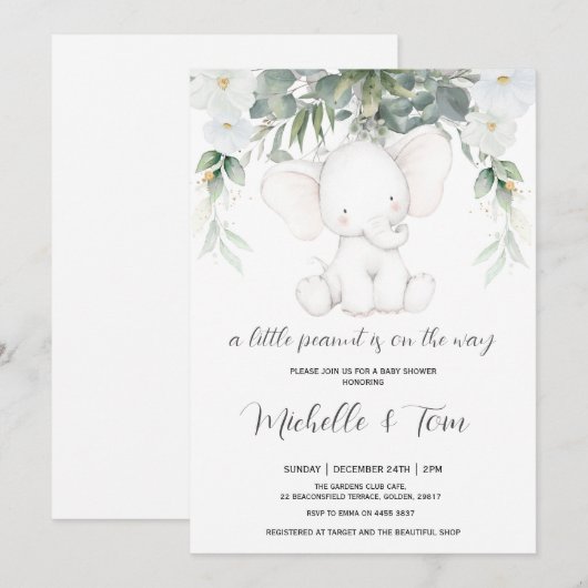 Elephant Gender Neutrale Baby shower Uitnodiging (Voorkant / Achterkant)