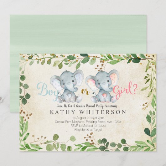 Elephant gender onthult Invitation Grenery Kaart (Voorkant / Achterkant)