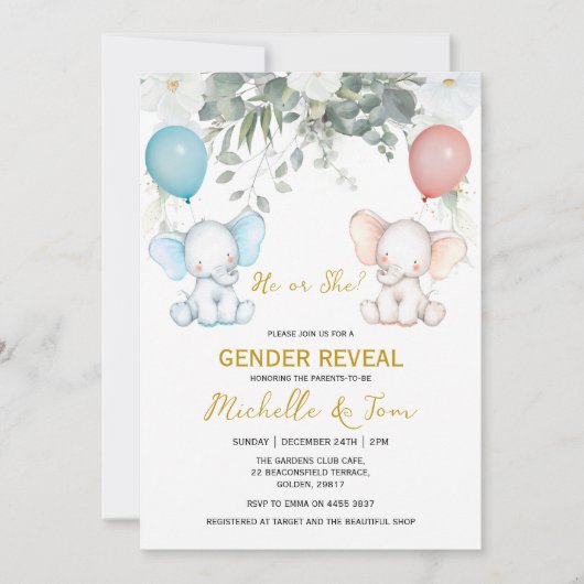 Elephant Gender Reopenbaart de uitnodiging van de  (Voorkant)