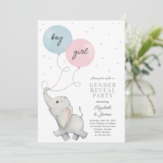 Elephant Gender Reveal Baby Invitation Kaart (Staand voorkant)