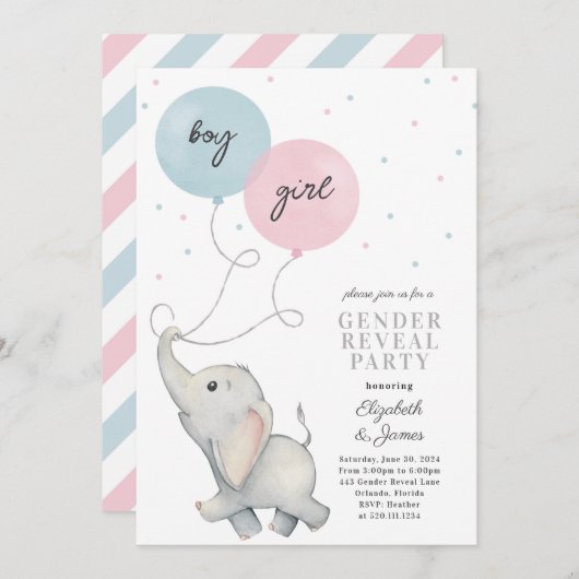 Elephant Gender Reveal Baby Invitation Kaart (Voorkant / Achterkant)