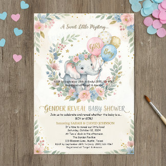 Elephant Gender Reveal Invitation | Pink & Blue Fl Kaart