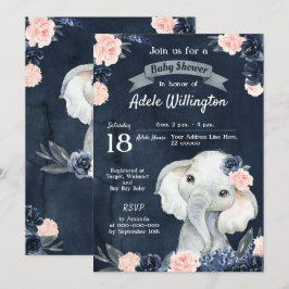Elephant Gift Waterverf Floral Navy Pink Baby Kaart