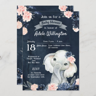 Elephant Gift Waterverf Floral Navy Pink Baby Kaart