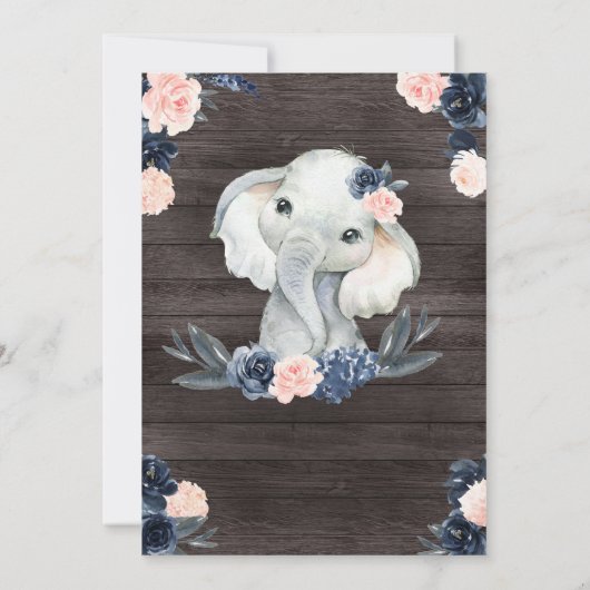 Elephant Gift Waterverf Floral Navy Pink Wooden Kaart (Achterkant)