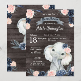 Elephant Gift Waterverf Floral Navy Pink Wooden Kaart