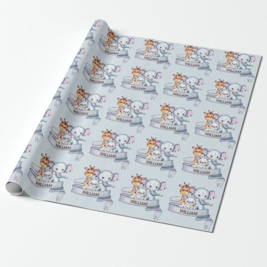 Elephant Giraffe Koala Blue Cadeaupapier (Uitgerold)