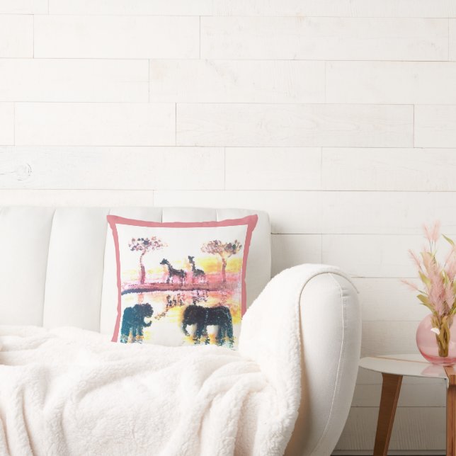 Elephant, Giraffe Safari Sunset Art Kussen (Bank)