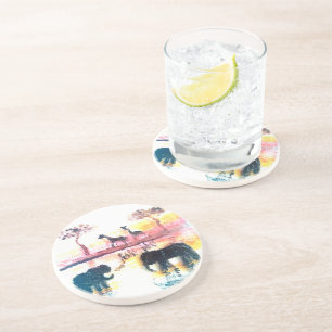 Elephant, Giraffe Safari Sunset Art Zandsteen Onderzetter