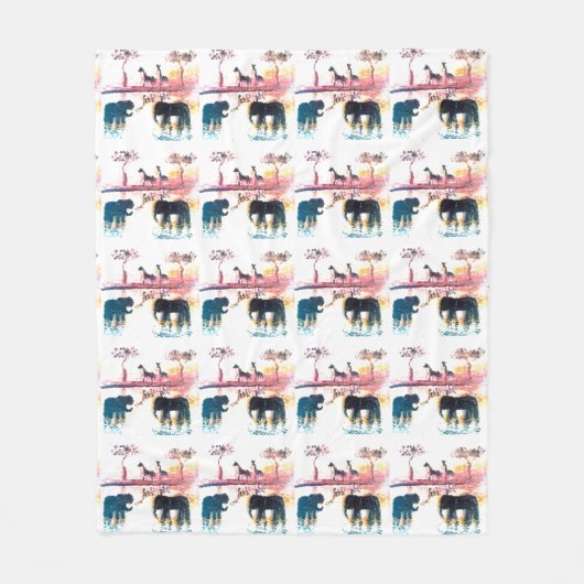 Elephant, Giraffe Safari Sunset Wildlife Pattern Fleece Deken (Voorkant)