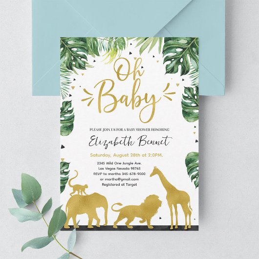 Elephant Giraffe Wild One Oerwoud Gold Baby shower Kaart